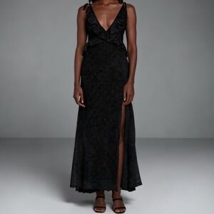 Ellejay Sonya Pin Dot Maxi Dress Black Ruffle Velvet Slit size XS